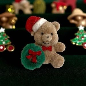 Vintage Flocked Velvet Teddy Bear Christmas Pin Holiday Collectible